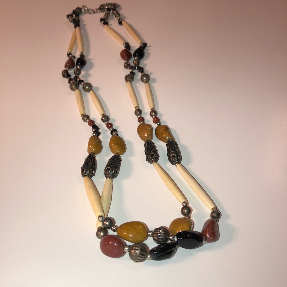 Long BoHo necklace 32” earth tone stone like beads
